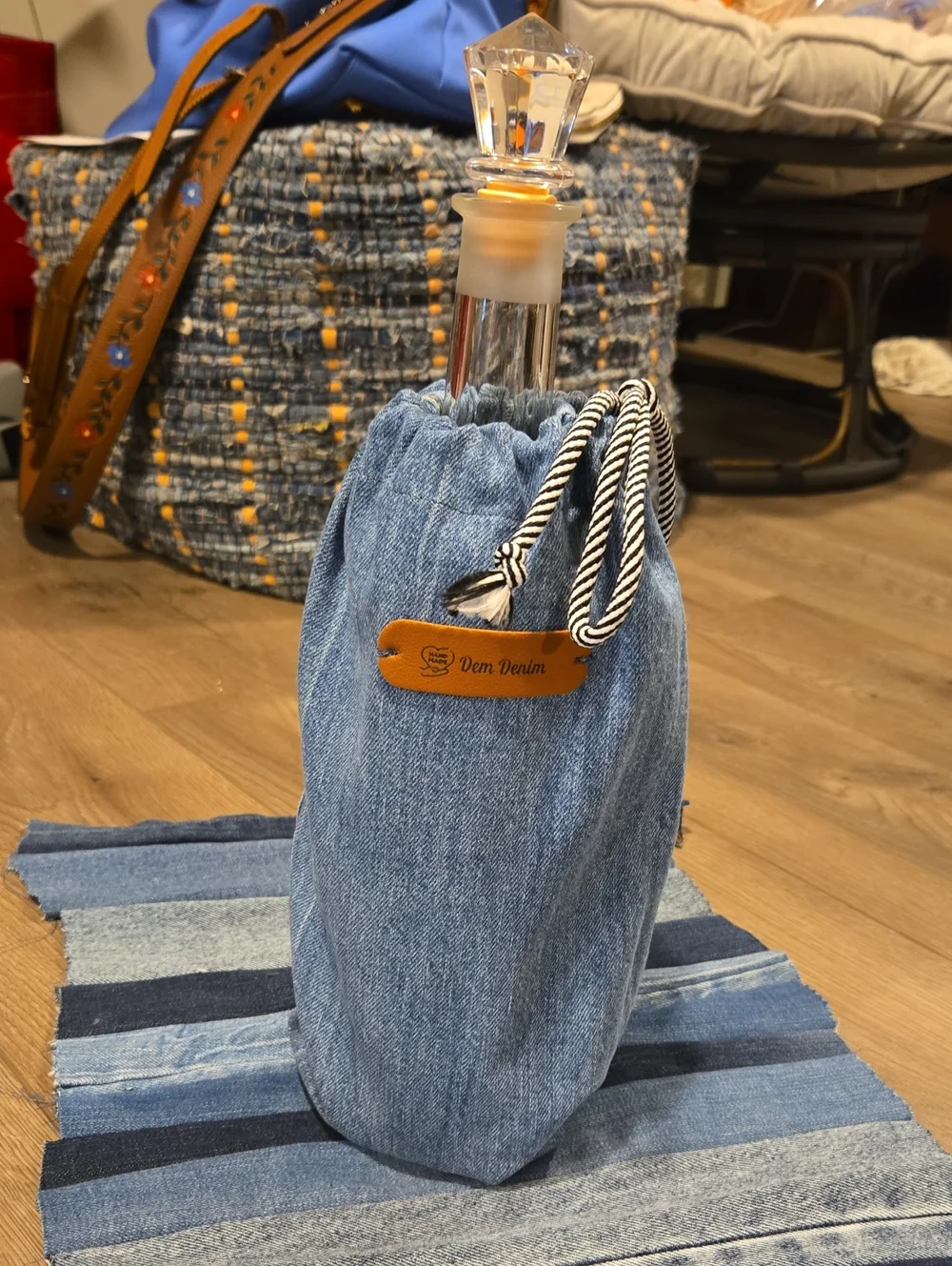 Dem Denim Blue Denim Bottle Bag with Rope Drawstring (Bottle Not Included)